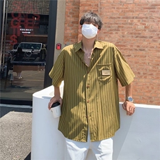 衬衫男韩版潮流短袖条纹贴标帅2026夏季新款ins宽松外套CY384-P36，男装T恤，星座412