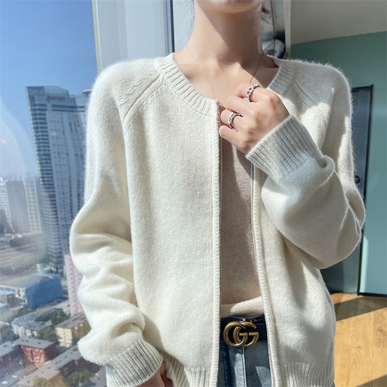 女士秋季新款时尚简约百搭宽松短款拉链羊毛开衫，女装羊毛衫，悦玛羊绒