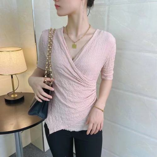 蕾丝衫T恤打底衫女短袖2021春夏V领交叉上衣不规则上衣女潮,女装蕾丝衫/雪纺衫,潮品会