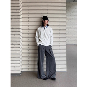 现货蓝色格子拼接翻领T恤长袖上衣情侣款男女 CX02-TP35图片