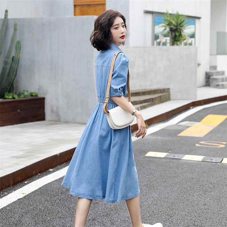 2022新款夏韩版牛仔连衣长裙短袖修身显瘦大,女装连衣裙,瑶迪依秀