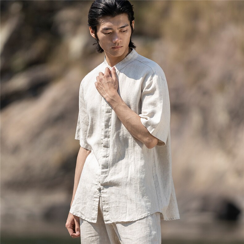 纯亚麻夏季薄款宽松短袖上衣风复古唐装盘扣衬衫男CS04,男装T恤,星座704A（原B229A）