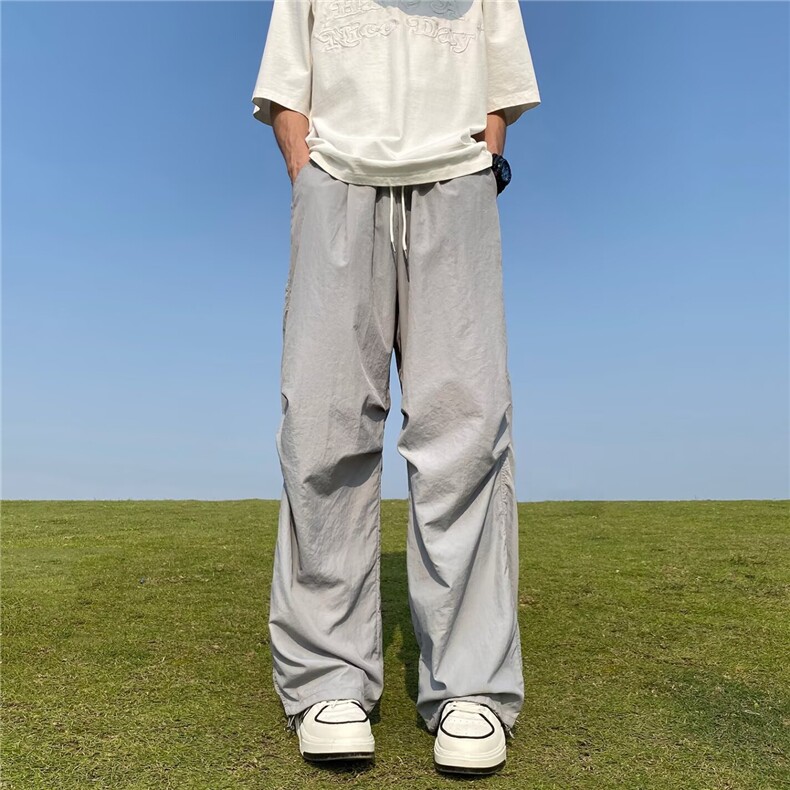 机能风冲锋裤垂感褶皱冰丝裤男夏季薄款宽松直筒工装休闲伞兵长裤,女装休闲裤,星座1210-1