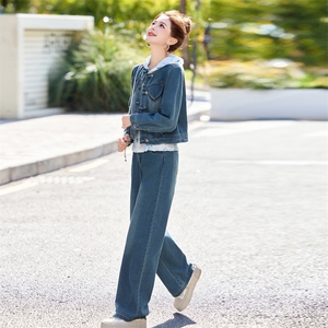 新中式牛仔套装女2025春新款小香风超火休闲减龄阔腿裤穿搭三件套图片
