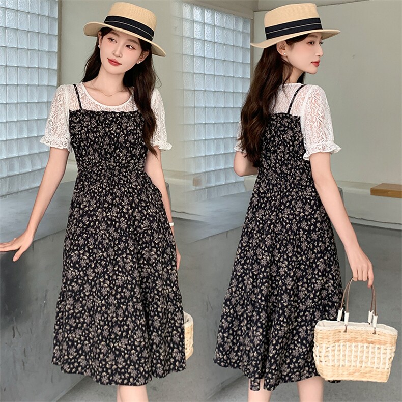 A041812025夏新款法式假两件蕾丝拼接抽绳收腰吊带碎花连衣裙，女装连衣裙，超帛