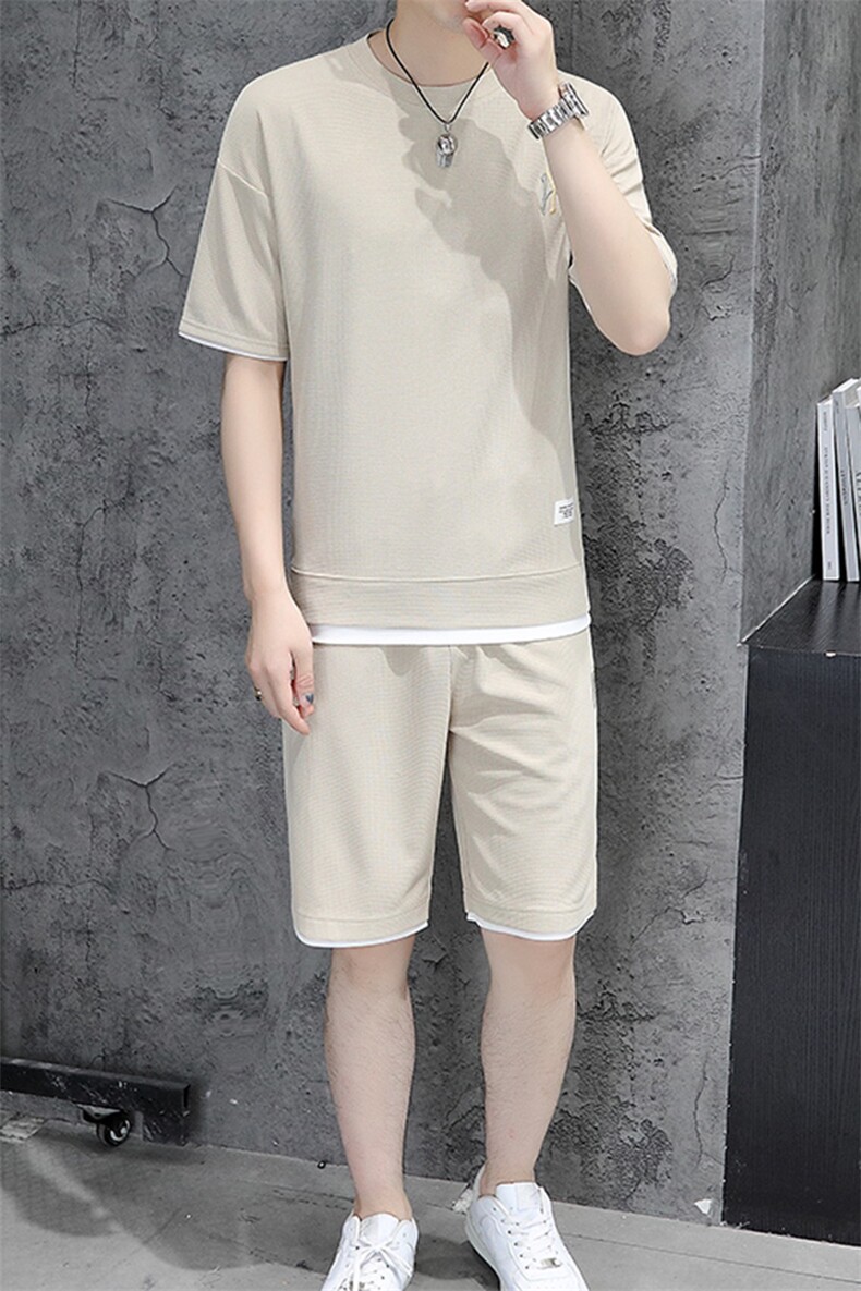 夏季华夫格短袖T恤男休闲两件套装,男装休闲套装,电商B212（原钱塘6029）
