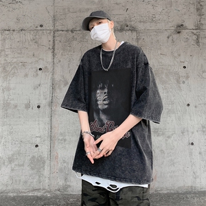 B239-1083-P38美式做旧个性人像宽松落肩袖青少年宽松短袖T恤男