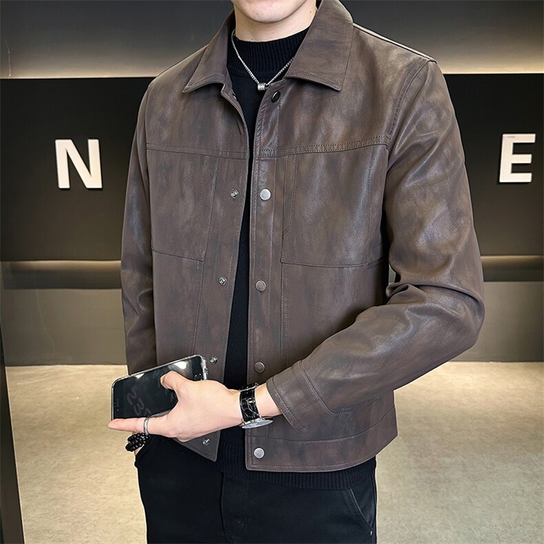 25883-M一4XL-P145店主风秋季新款男士翻领简约百搭纯色皮衣外套,男装皮衣,电商B255