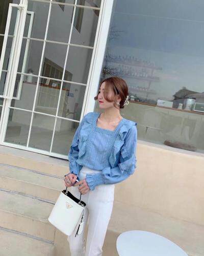 小方领拼花边泡袖亮色上衣，其它，新袖