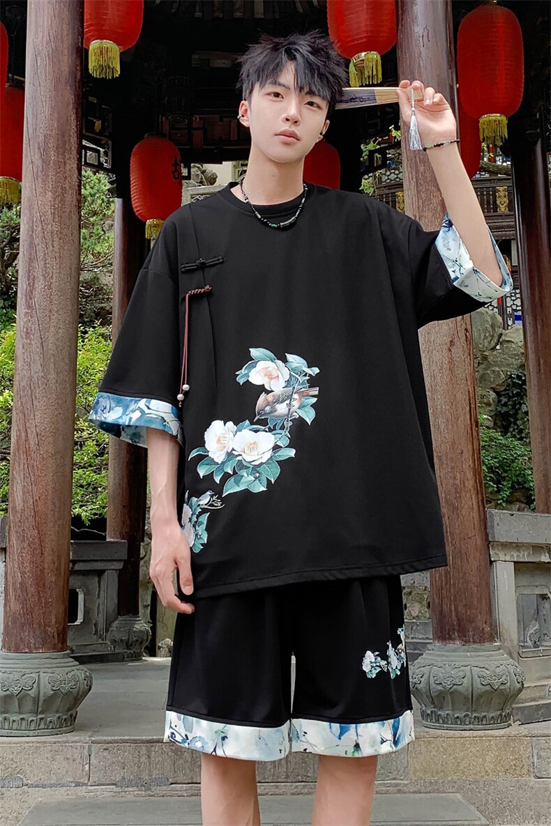 新中式风两件套夏季新中式禅意短袖t恤男套装A436-D221-P52,男装休闲套装,电商A436