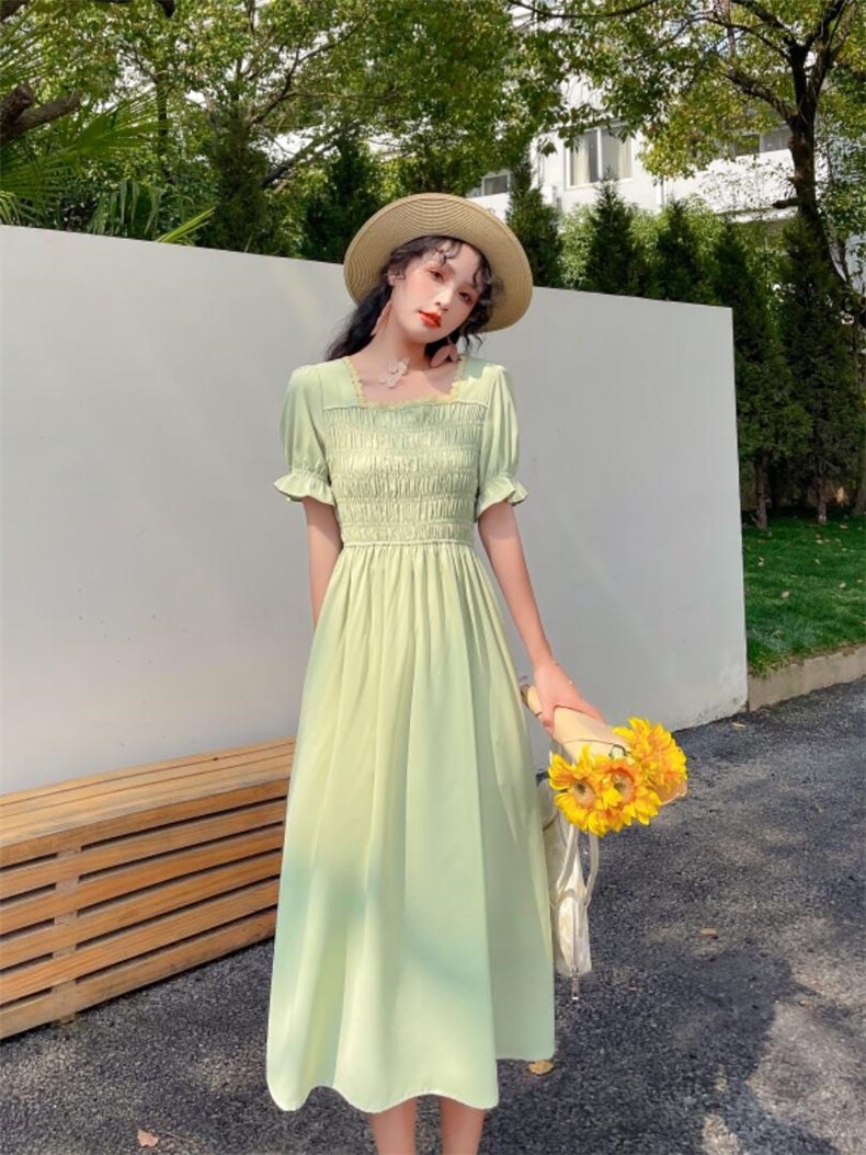 净色夏季连衣裙，女装连衣裙，安玖拉