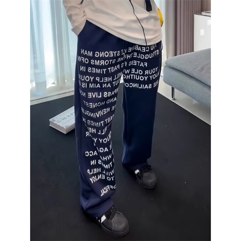 美式复古字母满印卫裤男款藏青色直筒裤子宽松bf慵懒风垂感休闲裤,男装休闲裤,四季星座505