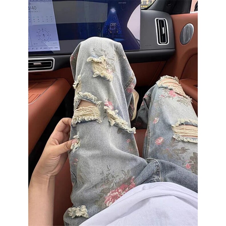 现货美式高街花卉破洞牛仔裤男夏季潮牌水洗直筒微喇裤A0988-P50,男装牛仔裤,星座1008