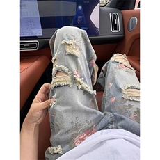 现货美式高街花卉破洞牛仔裤男夏季潮牌水洗直筒微喇裤A0988-P50，男装牛仔裤，星座1008