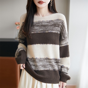 2025年秋季新款琥珀流光风撞色一字领针织上衣时尚休闲通勤百搭，女装针织衫/毛衣，九嘉羊绒