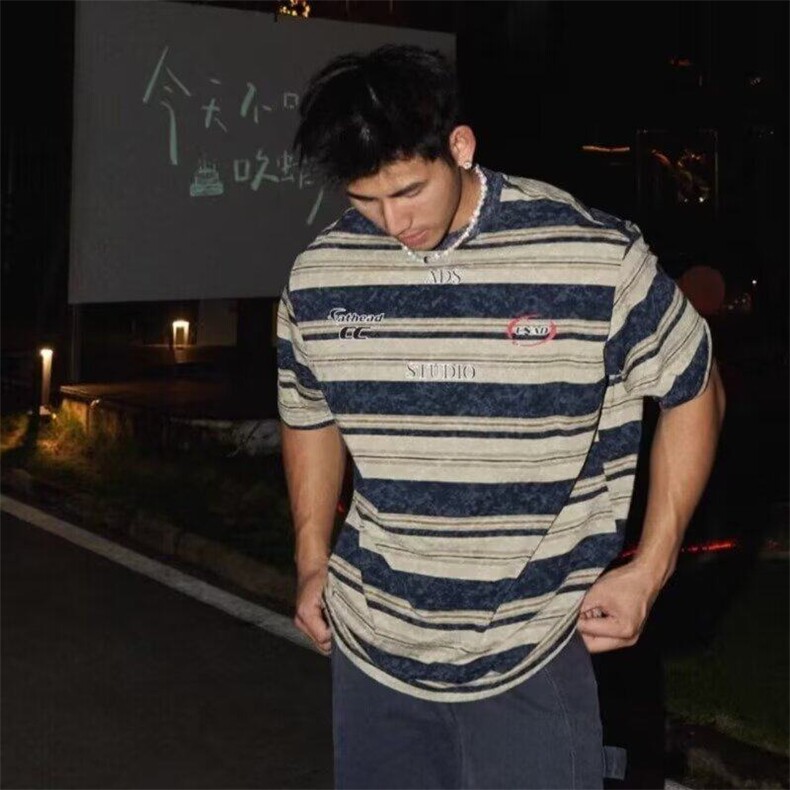 美式复古条纹拼色短袖T恤男女2025夏季新款宽松潮牌情侣半袖上衣,男装T恤,星座506A