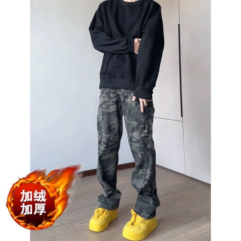 迷彩加绒加厚牛仔裤男冬美式复古vibe伐木裤子显瘦直筒弯刀微喇裤图片