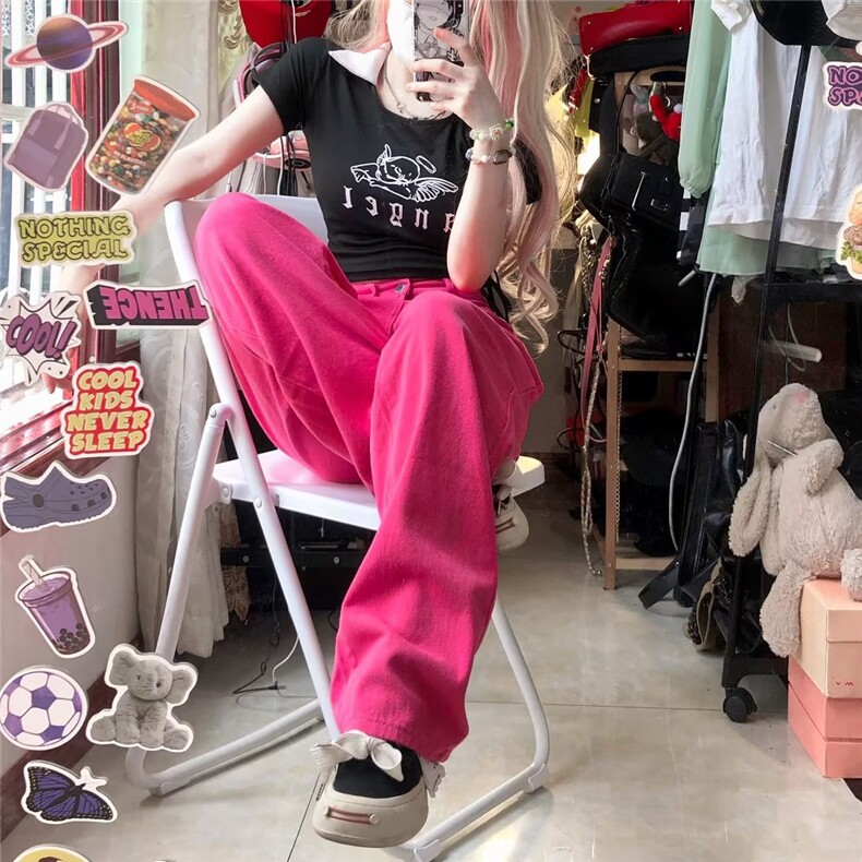 粉色裤子女秋装2023新款高腰显瘦阔腿裤休闲拖地裤直筒裤NT29-P42,男装牛仔裤,星座1008
