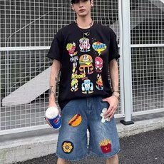 美式复古汉堡薯条毛巾绣牛仔短裤夏季宽松阔腿直筒五分裤XX1631，男装牛仔裤，星座208-5