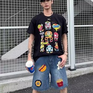 美式复古汉堡薯条毛巾绣牛仔短裤夏季宽松阔腿直筒五分裤XX1631图片