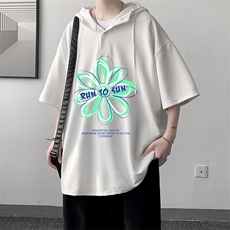 LD54170-P45连帽短袖t恤男大码胖子带帽五分袖中袖大皂风，男装T恤，电商A040