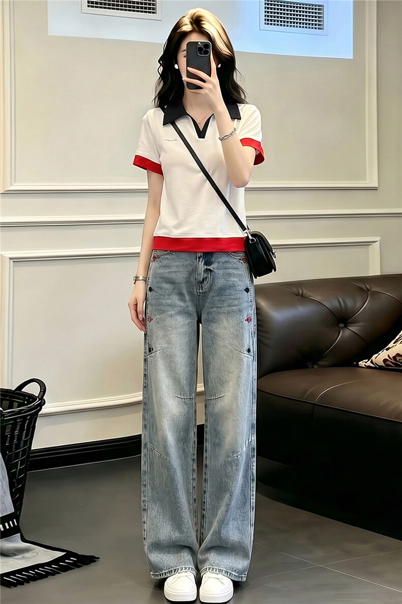学院风网红时尚套装女夏新款翻领撞色拼接上衣阔腿牛仔长裤两件套,女装套装/套裙,江南