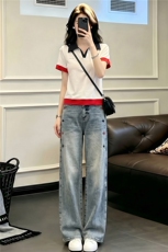 学院风网红时尚套装女夏新款翻领撞色拼接上衣阔腿牛仔长裤两件套，女装套装/套裙，江南