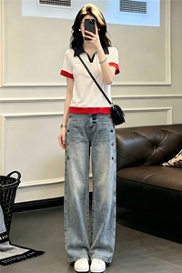 学院风网红时尚套装女夏新款翻领撞色拼接上衣阔腿牛仔长裤两件套图片