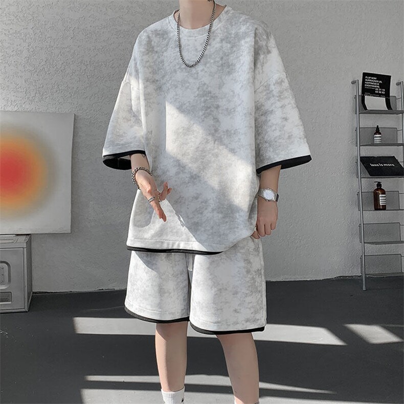 TZ775-特P50控88新款撞色拼接假2件套装短袖短裤T恤大码百搭，男装休闲套装，电商A059