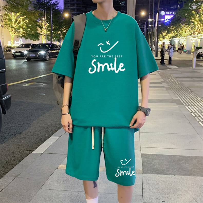 wassuphappy青少年短袖t恤男夏季冰丝宽松套装华夫格休闲运动服,男装T恤,电商B220