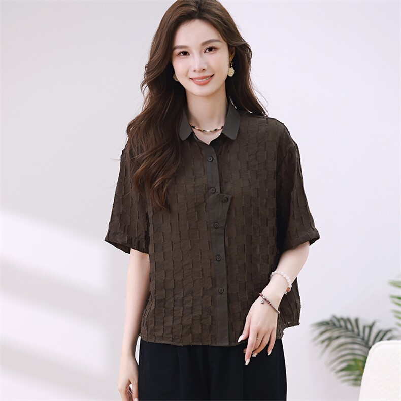 2024夏季新款大码宽松显瘦格子衬衫上衣,女装衬衫,梦芯尔