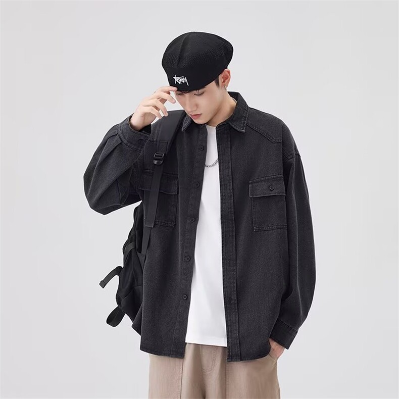 衬衫宽松休闲翻领长袖工装牛仔衬衣夹克外套男5344P62，男装衬衫，星座410-2