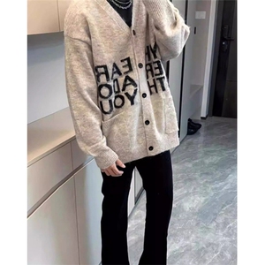 字母提花V领开衫毛衣男女秋季软糯慵懒风针织衫美式外套潮 MRS306图片