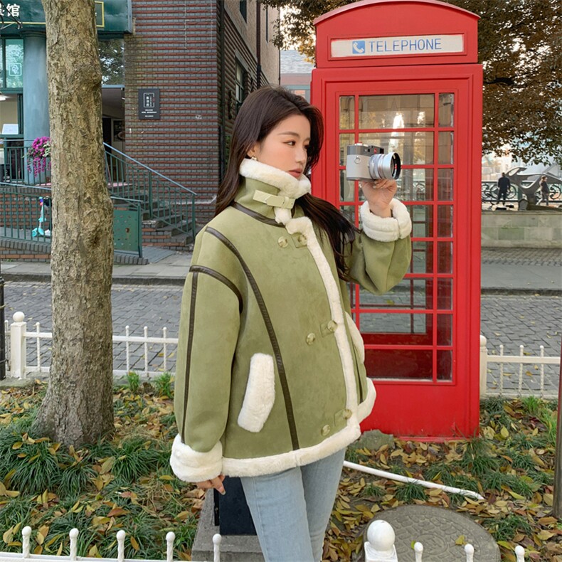 韩系chic羊羔毛外套女冬韩版宽松今年流行加绒加厚皮毛一体机车服,女装棉衣/棉服,帛香坊