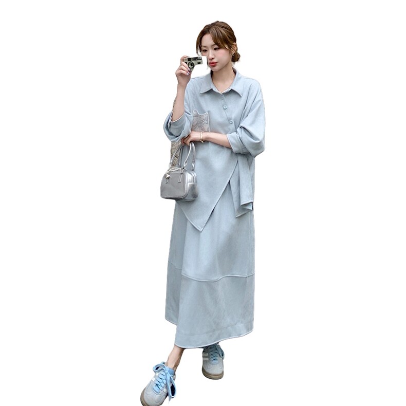 设计感不规则长袖衬衫半身裙套装女2025春季新款韩系慵懒风两件套,女装套装/套裙,2C272
