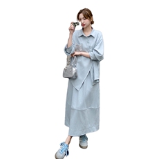 设计感不规则长袖衬衫半身裙套装女2025春季新款韩系慵懒风两件套，女装套装/套裙，2C272