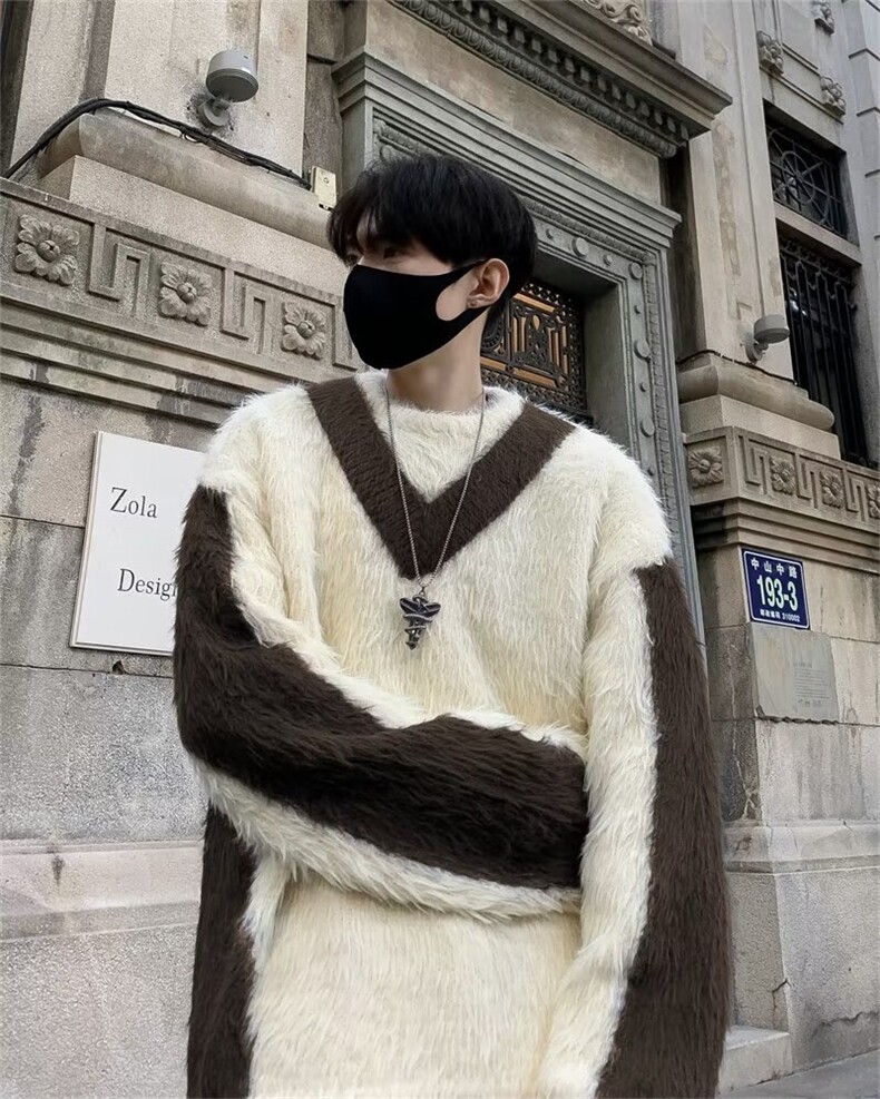 2024秋冬新款美式高街宽松针织衫高级感撞色拼接毛衣男 M1670-P62图片