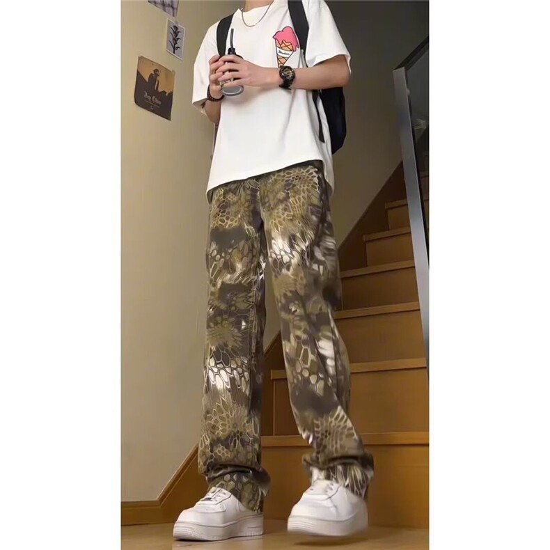 美式迷彩微喇工装裤男款休闲复古蛇纹子弯刀窄版修身显高长裤,男装牛仔裤,四季星座505
