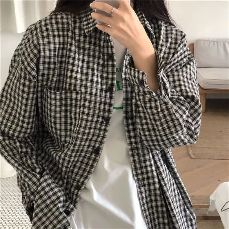夏日韩版格子蓝色衬衫女宽松男友风衬衣宽松显瘦防晒开衫垂感外套,男装防晒衣,星座1210-1