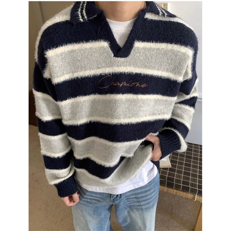 JY299-P59高街条纹撞色v领针织衫翻领毛衣男潮流宽松网图,男装针织衫/毛衣,星座1501-3