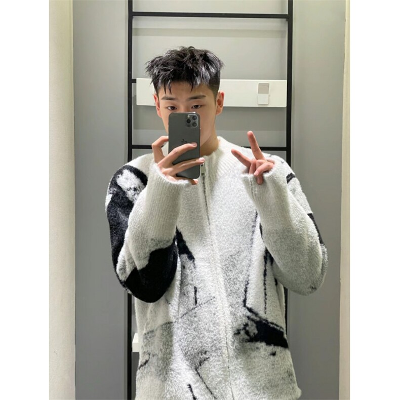 706-1-CKS241-P75    秋季美式复古提花拉链针织衫男毛衣开衫外套图片