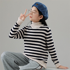 时尚条纹卷边半高领儿童羊毛衫秋季新款保暖舒适，童装儿童羊毛衫，凯旺羊绒