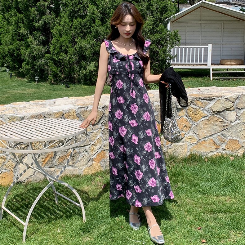 蓝色荷叶领碎花连衣裙女2025夏季新款韩系甜美修身显瘦吊带长裙潮,女装连衣裙,玖莱伊