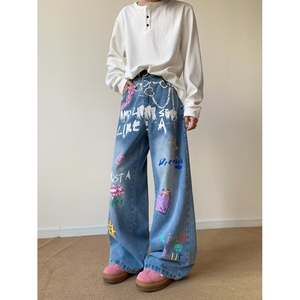 美式复古涂鸦印花牛仔裤女春秋季2025新款高腰宽松阔腿裤拖地裤子图片
