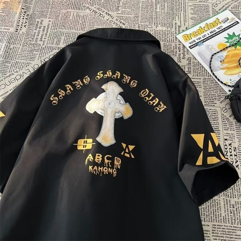 新款夏季男士时尚小众百搭宽松休闲高街条纹POLO衫翻领纽扣短袖潮,男装T恤,星座601-1