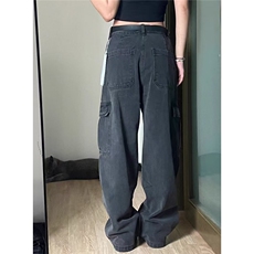 黑灰色直筒工装牛仔裤女2025新款美式hiphop高腰宽松拖地阔腿裤子，男装牛仔裤，星座506A
