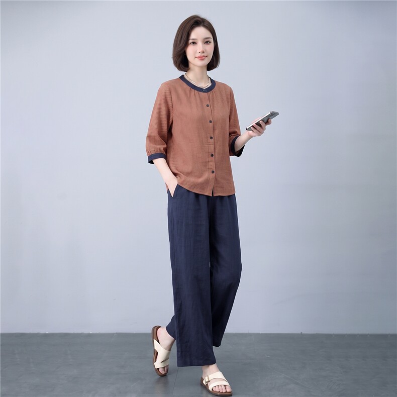 衬衫女撞色条纹宽松透气上衣,女装衬衫,曼沙奕珂
