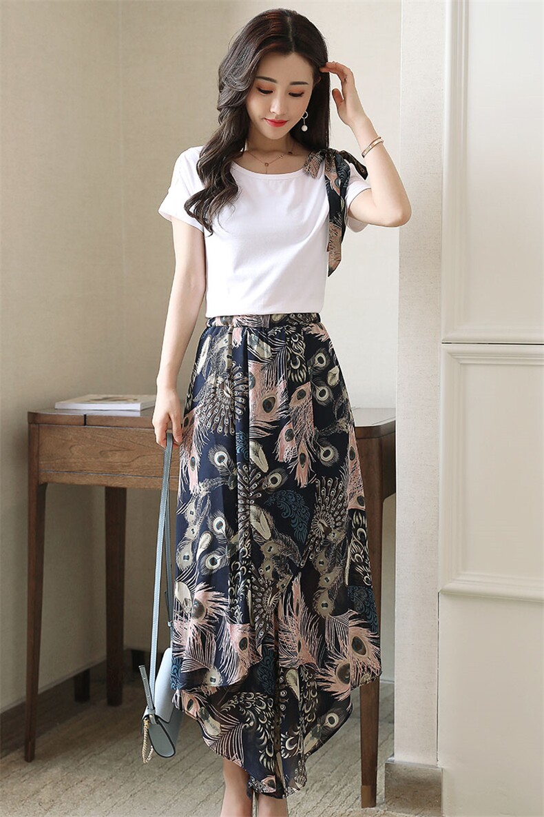短袖纯色上衣+印花修身半身裙时尚优雅甜美套装/套裙2020年夏季,女装套装/套裙,贵人树