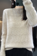 时尚百搭圆领花型羊毛针织衫女秋冬必备保暖毛衣，女装羊毛衫，隆格羊绒