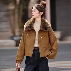 复古咖色麂皮绒加绒外套女2025秋冬小个子超好看加厚保暖棉服上衣，女装短外套，英标秀（1C119）